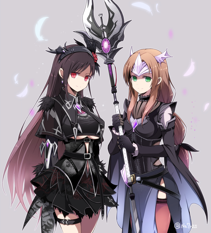 2girls aerith_gainsborough aerith_gainsborough_(bahamut_robe) black_hair breasts brown_hair brown_thighhighs cowboy_shot dress final_fantasy final_fantasy_vii final_fantasy_vii_ever_crisis green_eyes hairband highres holding holding_staff jewelry light_smile looking_at_viewer multiple_girls nanao_(zonzonsh) official_alternate_costume partially_shaded_face prototype_design red_eyes staff thigh_strap thighhighs thighlet tifa_lockhart tifa_lockhart_(bahamut_suit) underboob