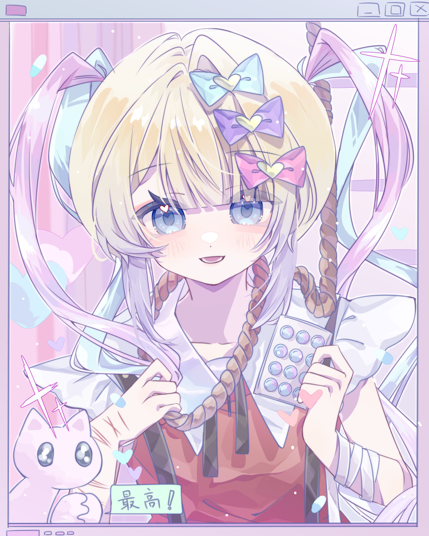 1girl 1other :d absurdres bandaged_arm bandages bedroom blonde_hair blue_eyes blue_hair bow chinese_text chouzetsusaikawa_tenshi-chan colored_tips drugs dual_persona hair_bow highres holding holding_pill holding_rope in-franchise_crossover kun2866584 looking_at_viewer multicolored_hair multiple_hair_bows multiple_scars neck_ribbon needy_girl_overdose noose open_mouth pien_cat_(needy_girl_overdose) pink_hair praying quad_tails ribbon rope sailor_collar scar scar_on_arm sidelocks smile solo suspenders upper_body window_(computing) winged_sleeves wrist_cutting