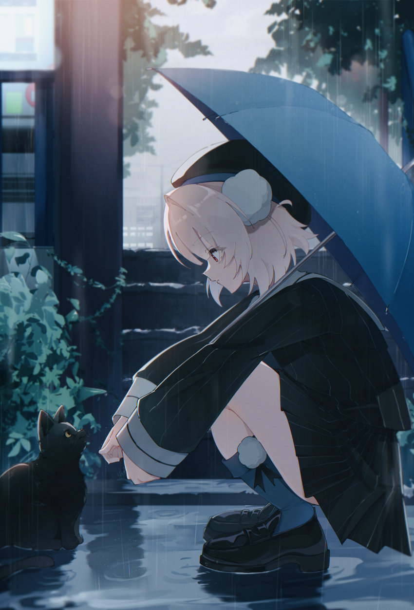 1girl absurdres beret black_hat black_jacket black_shoes black_skirt blue_socks from_side full_body grey_hair hair_ornament hat highres holding holding_umbrella jacket kneehighs loafers long_sleeves looking_at_animal miniskirt mocchan_(mo_chan0225) outdoors pinstripe_jacket pinstripe_pattern pinstripe_skirt pleated_skirt pom_pom_(clothes) pom_pom_hair_ornament profile puddle rain red_eyes reflection sailor_collar shoes short_hair skirt sleeve_cuffs socks solo ui_(voisona) umbrella voisona white_sailor_collar wrist_cuffs