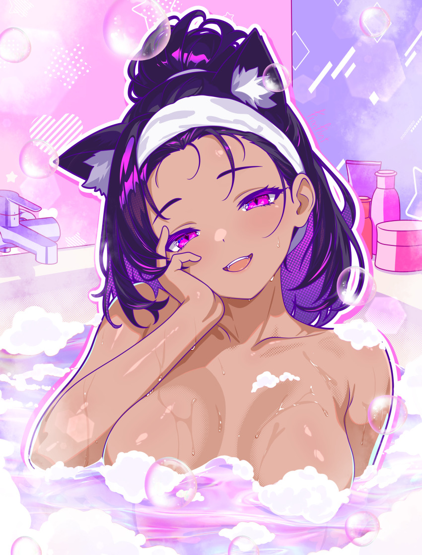 1girl absurdres animal_ear_fluff animal_ears artist_name bathing breasts cat_ears cat_girl collarbone commentary convenient_censoring finn_flint hairband hand_on_own_face head_tilt highres long_hair looking_at_viewer medium_breasts open_mouth original partially_submerged purple_eyes purple_hair smile soap_bubbles soap_censor solo wet white_hairband