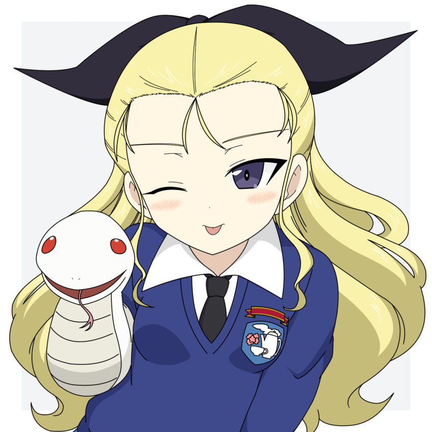 1girl assam_(girls_und_panzer) black_bow black_necktie black_ribbon blonde_hair blue_sweater blush bow breasts collared_shirt commentary_request emblem girls_und_panzer hair_bow hair_ribbon hand_puppet highres ichinose_jun long_hair long_sleeves necktie one_eye_closed puppet purple_eyes ribbon school_uniform shirt small_breasts smile snake solo st._gloriana&#039;s_(emblem) st._gloriana&#039;s_school_uniform sweater tongue tongue_out wavy_hair white_shirt white_snake