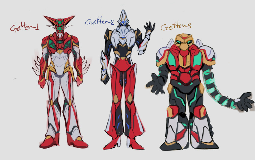 3others arm_blade arm_up armor asymmetrical_arms black_armor blue_eyes character_name reference_sheet clenched_hand clenched_hands crossover fusion getter-1 getter-2 getter-3 getter_robo green_eyes high_heels highres humanoid_robot mecha multicolored_armor multiple_others no_humans no_mouth open_hand open_hands outstretched_arms red_armor robot science_fiction shin_getter-1 shin_getter-2 shin_getter-3 simple_background sinita sketch spikes super_robot warframe weapon white_armor white_background yellow_armor