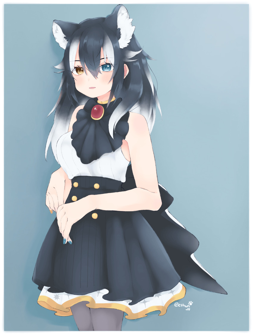1girl absurdres animal_ears black_hair blue_eyes cthun_n dress extra_ears grey_background grey_wolf_(kemono_friends) heterochromia highres kemono_friends long_hair looking_at_viewer nail_polish pantyhose simple_background skirt sleeveless solo wolf_ears wolf_girl yellow_eyes