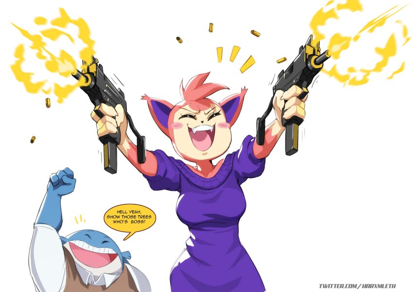 1boy 1girl animal_ears artist_name breasts cat closed_eyes dress dual_wielding english_text fangs gen_3_pokemon gun highres holding holding_weapon large_breasts machine_gun micro_uzi mleth nintendo open_mouth pink_fur pokemon purple_dress shirt skitty smile speech_bubble submachine_gun t-shirt teeth upper_teeth_only uzi vest wailord weapon whale white_background