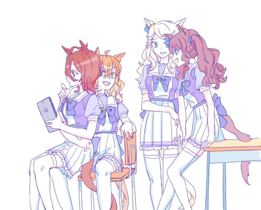 4girls agnes_tachyon_(umamusume) ahoge animal_ears blonde_hair blue_eyes bow breasts brown_hair chair closed_mouth desk frilled_skirt frills gold_city_(umamusume) hair_between_eyes highres holding_hands horse_ears horse_girl horse_tail interlocked_fingers jungle_pocket_(umamusume) long_hair medium_breasts multiple_girls on_chair orange_eyes pleated_skirt puffy_short_sleeves puffy_sleeves purple_bow purple_shirt school_chair school_desk school_uniform seila_rei shirt short_sleeves simple_background sitting sitting_on_lap sitting_on_person skirt standing tablet_pc tail thighhighs tosen_jordan_(umamusume) tracen_school_uniform twintails umamusume white_background white_skirt white_thighhighs yuri