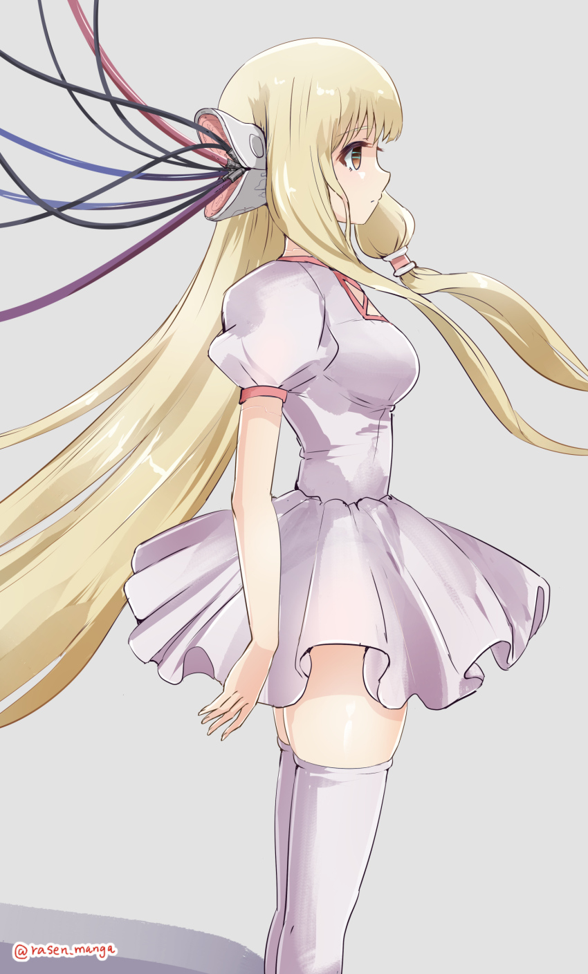 1girl absurdres android blonde_hair breasts brown_eyes cable chii chobits commentary_request dress from_side grey_background hair_tubes highres large_breasts long_hair persocom_(chobits) profile rasen_manga robot_ears simple_background solo standing thighhighs white_dress zettai_ryouiki