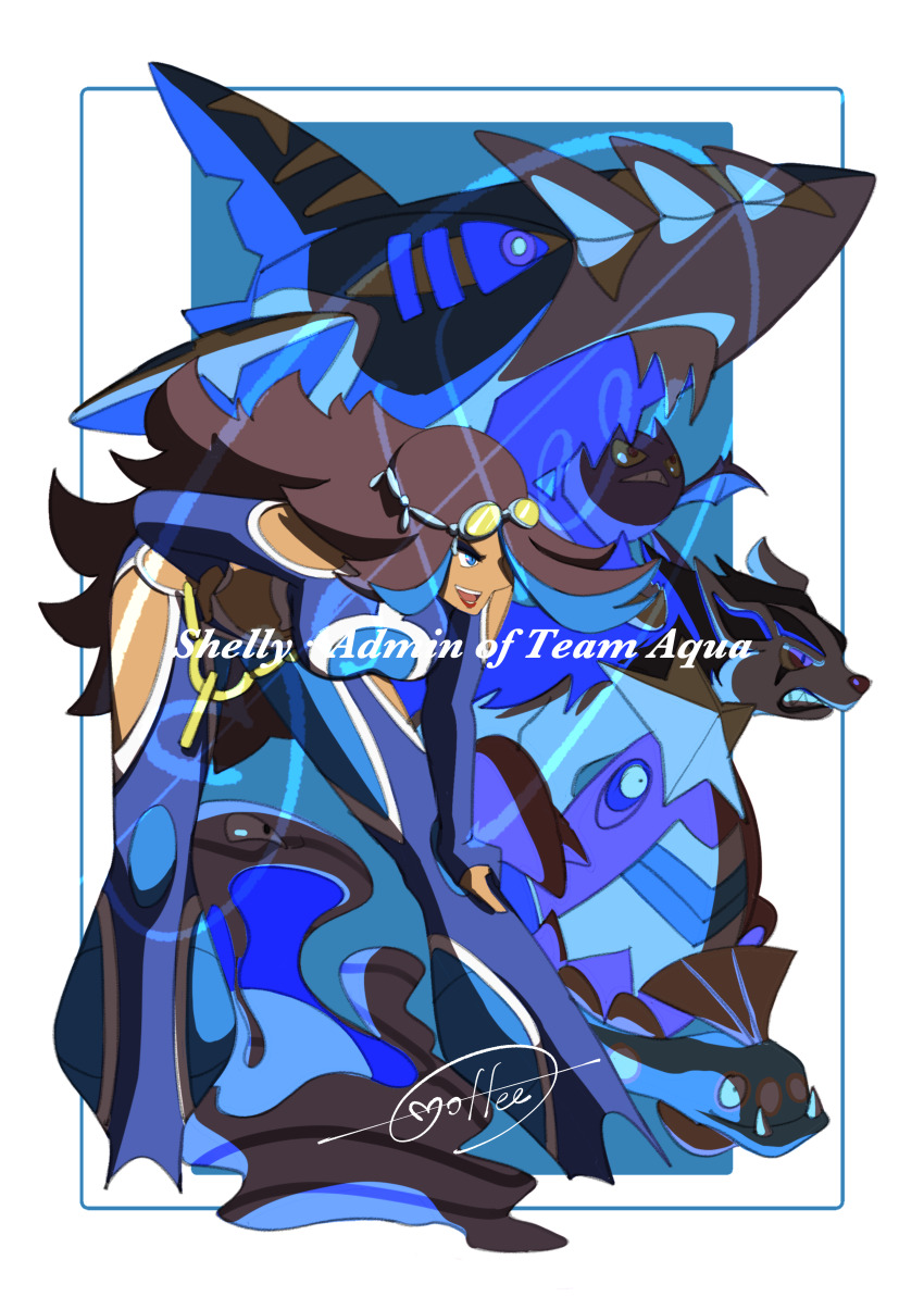 1girl :d absurdres bent_over blue_background blue_eyes blue_hair blue_pants border breasts cccacademia character_name clothing_cutout crawdaunt crobat gen_1_pokemon gen_2_pokemon gen_3_pokemon goggles goggles_on_head hand_on_own_hip hand_on_own_leg highres huntail long_hair mega_pokemon mega_sharpedo mightyena mixed-language_commentary muk multicolored_hair nintendo open_mouth pants pokemon pokemon_(creature) pokemon_oras sharpedo shelly_(pokemon) shoulder_cutout signature smile streaked_hair team_aqua teeth tongue white_border