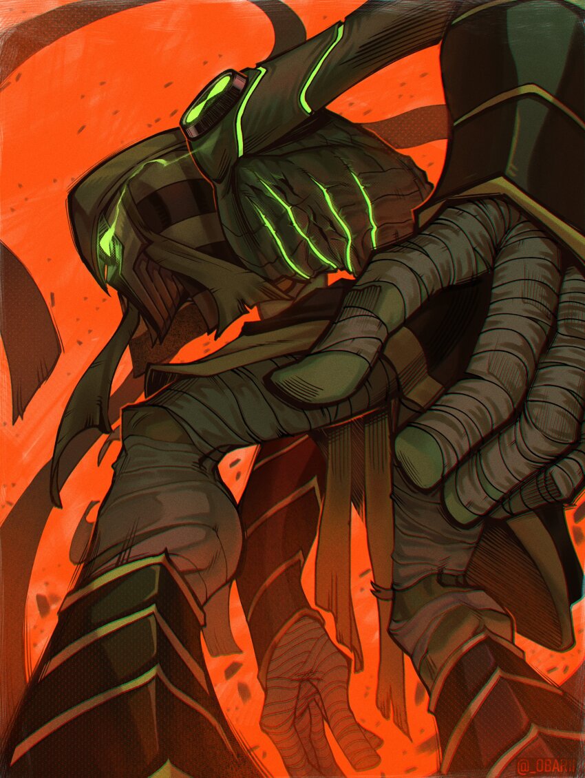 1boy absurdres alien ancient_egyptian ancient_egyptian_clothes bandages ben_10 bracelet colored_skin crack debris eye_trail from_side green_eyes green_light green_skin highres jewelry light_trail mummy nemes obarii omnitrix orange_background pelvic_curtain snare-oh