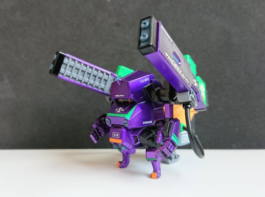 cavico_models eva_01 fusion highres horns jgsdf_type_07_tank_nacchin mecha model_kit model_kit_(medium) neon_genesis_evangelion no_humans open_hands photo_(medium) red_eyes robot shoulder_cannon single_horn solo standing unconventional_media z_touchan