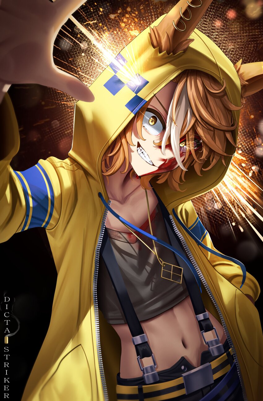 1girl absurdres animal_ears blonde_hair blood blood_on_clothes blood_on_face brown_hair dictus_striker_(umamusume) ear_ornament ear_piercing ears_through_headwear ears_through_hood eye_trail grin hand_in_pocket headshot highres hood hooded_jacket hoodie horse_ears horse_girl jacket light_trail long_sleeves manjo_(warito) multicolored_hair navel nosebleed piercing short_hair smile solo streaked_hair suspenders umamusume umamusume:_cinderella_gray white_hair yellow_eyes yellow_hood yellow_hoodie yellow_jacket
