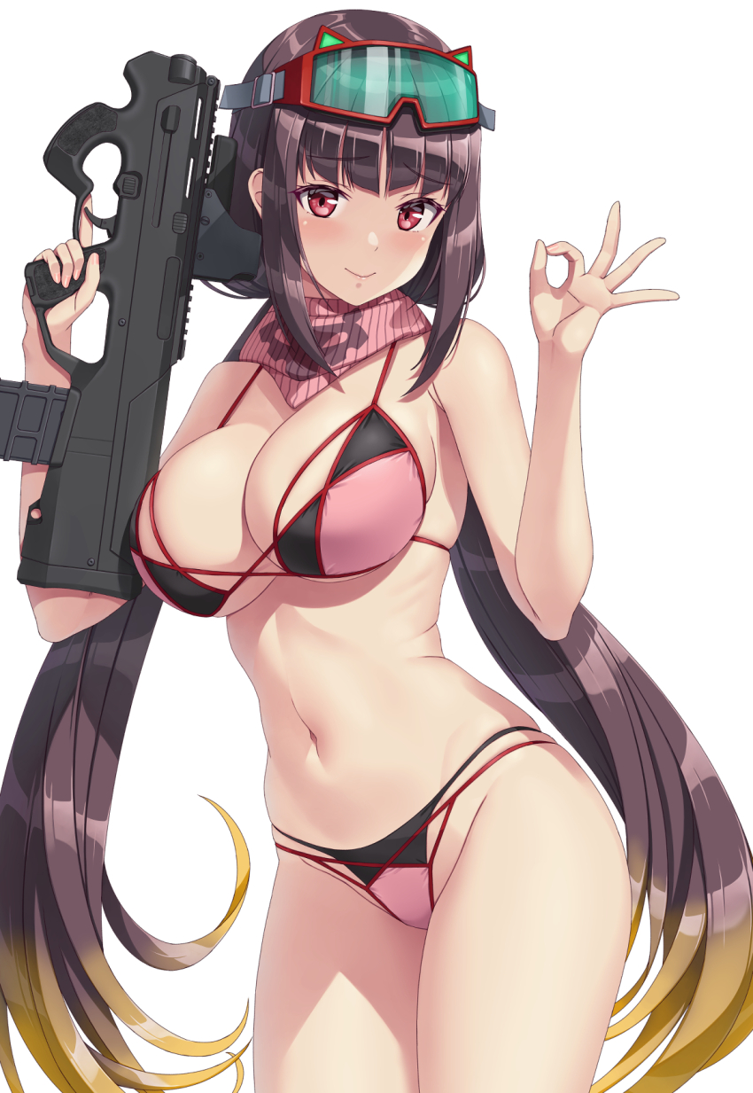 1girl assault_rifle bare_shoulders blush breasts brown_hair bullpup carbine cleavage fate/grand_order fate_(series) goggles goggles_on_head gun hammerman_benkei highres large_breasts long_hair looking_at_viewer low_twintails magpul_pdr magpul_pdr-c navel osakabehime_(fate) osakabehime_(swimsuit_archer)_(fate) osakabehime_(swimsuit_archer)_(second_ascension)_(fate) personal_defense_weapon pink_scarf prototype_design purple_eyes rifle scarf short-barreled_rifle ski_goggles smile solo submachine_gun thighs twintails very_long_hair weapon