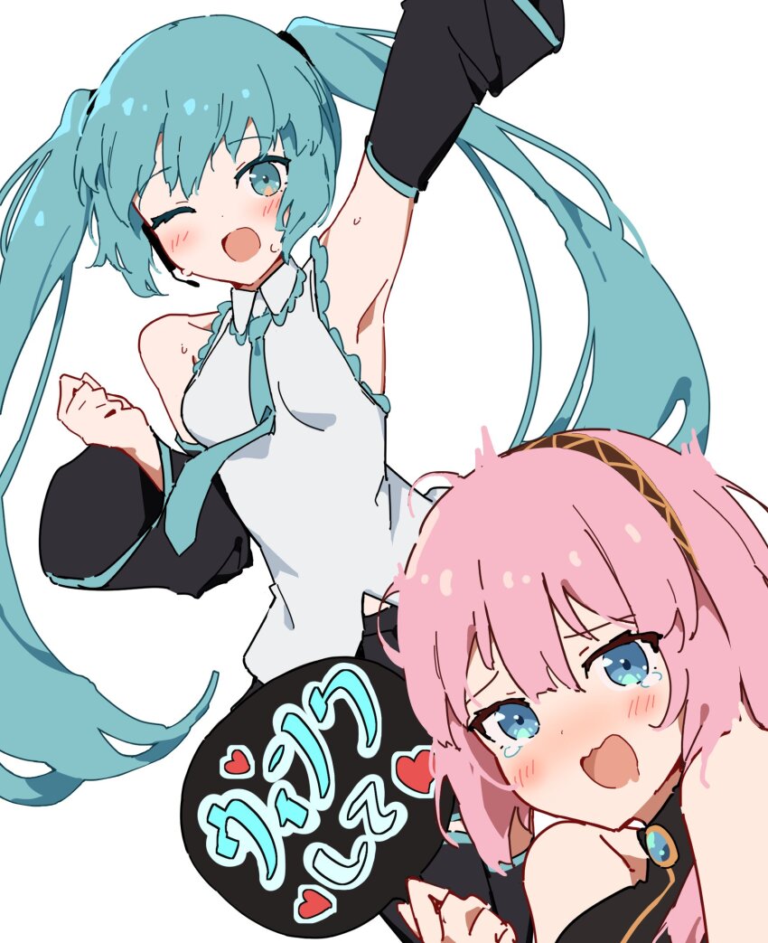 2girls aqua_eyes aqua_hair aqua_necktie arm_warmers blue_brooch blue_eyes blush giryu hatsune_miku highres japanese_text long_hair megurine_luka multiple_girls necktie one_eye_closed open_mouth pink_hair twintails vocaloid yuri