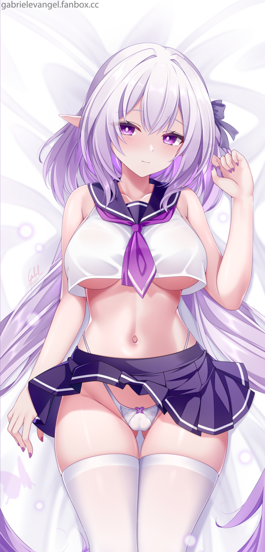1girl absurdres breasts castorice_(honkai:_star_rail) commentary commentary_request cropped_shirt dakimakura_(medium) english_commentary fanbox_username gabriel_evangel gluteal_fold highres honkai:_star_rail honkai_(series) long_hair lying merchandise_available miniskirt navel no_bra on_back paid_reward_available panties pleated_skirt pointy_ears purple_eyes purple_hair purple_skirt school_uniform serafuku skirt solo stomach thighhighs thighs underboob underwear very_long_hair white_panties white_serafuku white_thighhighs