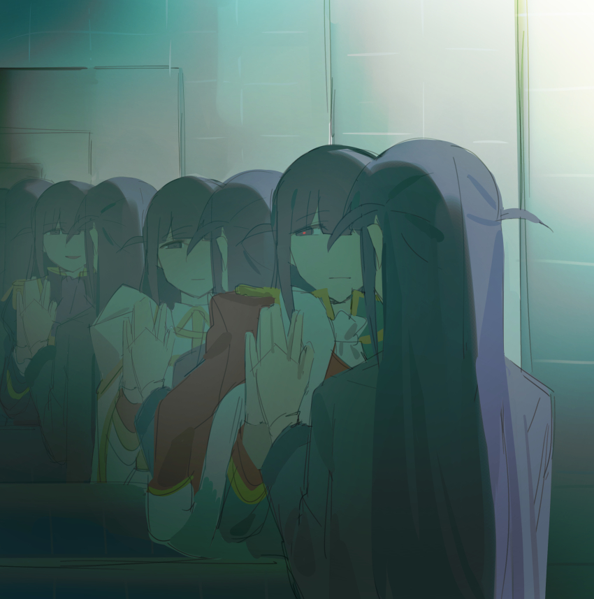 1girl absurdres ascot black_jacket closed_mouth different_reflection fur-trimmed_jacket fur_trim hand_on_mirror hand_up highres indoors jacket jacket_on_shoulders long_hair long_sleeves looking_at_reflection multiple_views purple_eyes purple_hair recursion red_jacket red_pupils reflection school_uniform seishou_music_academy_uniform shoujo_kageki_revue_starlight smile takano_daidokoro tile_wall tiles tsuyuzaki_mahiru two_side_up white_ascot