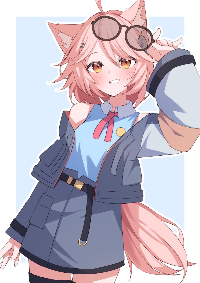1girl ahoge animal_ear_fluff animal_ears bare_shoulders belt black-framed_eyewear black_thighhighs blue_background blue_shirt blush border brown_eyes cat_ears cat_girl collared_shirt cowboy_shot eyewear_on_head glasses grey_jacket grey_skirt grin hair_ornament hairclip highres holding holding_removed_eyewear jacket long_hair long_sleeves looking_at_viewer miroir_(vrchat) neck_ribbon off_shoulder open_clothes open_jacket orange_eyes outside_border pink_hair ribbon round_eyewear shirt shirt_tucked_in simple_background six_box skirt sleeveless sleeveless_shirt smile solo tail thighhighs unworn_eyewear vrchat white_border zettai_ryouiki