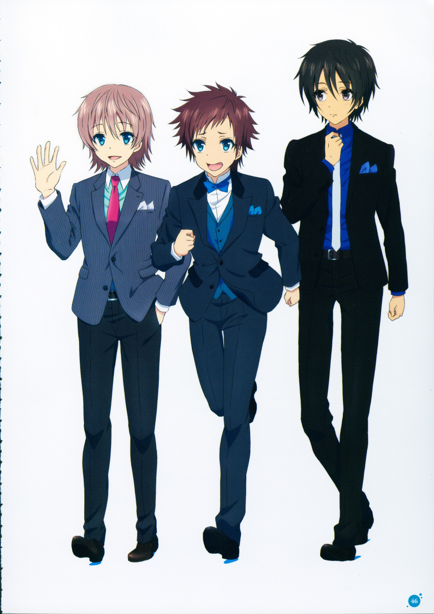 10s 3boys absurdres adjusting_clothes adjusting_necktie aqua_eyes black_eyes black_hair blue_hair blush brown_hair formal_clothes gradient_background highres isaki_kaname kawaguchi_chisato kihara_tsumugu male_focus multiple_boys nagi_no_asukara necktie official_art pinstripe_pattern pinstripe_suit sakishima_hikari scan short_hair striped suit tuxedo waving