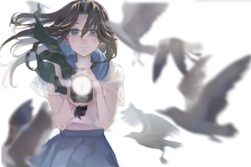 1girl alternate_costume bird blue_eyes blue_sailor_collar blue_skirt blush brown_eyes brown_hair closed_mouth comiket_99 cosmic_(crownclowncosmic) hair_between_eyes unworn_headband holding holding_headband jintsuu_(kancolle) kantai_collection long_hair looking_at_viewer neckerchief pleated_skirt sailor_collar school_uniform searchlight serafuku short_sleeves simple_background skirt solo white_background