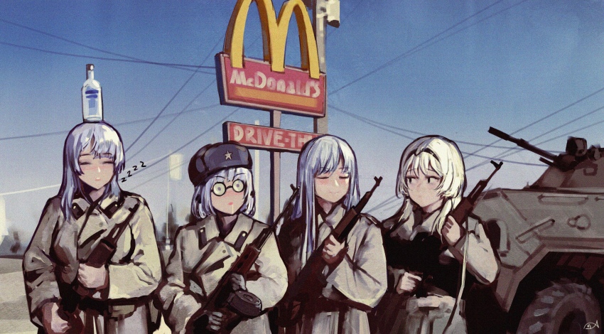 4girls :o absurdres afghanistan ak-12_(girls&#039;_frontline) ak-15_(girls&#039;_frontline) alcohol alternate_costume an-94_(girls&#039;_frontline) armored_personnel_carrier armored_vehicle assault_rifle asymmetrical_bangs asymmetrical_hair blue_hair blue_sky blush bottle bottle_on_head closed_eyes closed_mouth coat collar_tabs commentary cowboy_shot day defy_(girls&#039;_frontline) drive-thru drum_magazine english_text fur_hat girls&#039;_frontline glass_bottle glasses grey_headwear gun gun_sling hair_between_eyes hair_ornament hat hat_ornament headband highres holding holding_gun holding_weapon iuui jacket kalashnikov_rifle light_blue_hair light_machine_gun long_hair looking_at_another machine_gun magazine_(weapon) mcdonald&#039;s military military_hat military_jacket military_uniform military_vehicle motor_vehicle multiple_girls object_on_head open_mouth outdoors parody parted_lips photo-referenced power_lines product_placement red_dawn rifle round_eyewear rpk rpk-16_(girls&#039;_frontline) short_hair sign signature sky sleeping sleeping_upright smile soldier soviet soviet_army standing star_(symbol) star_hat_ornament symbol-only_commentary ushanka utility_pole vodka war_in_afghanistan weapon white_hair zzz