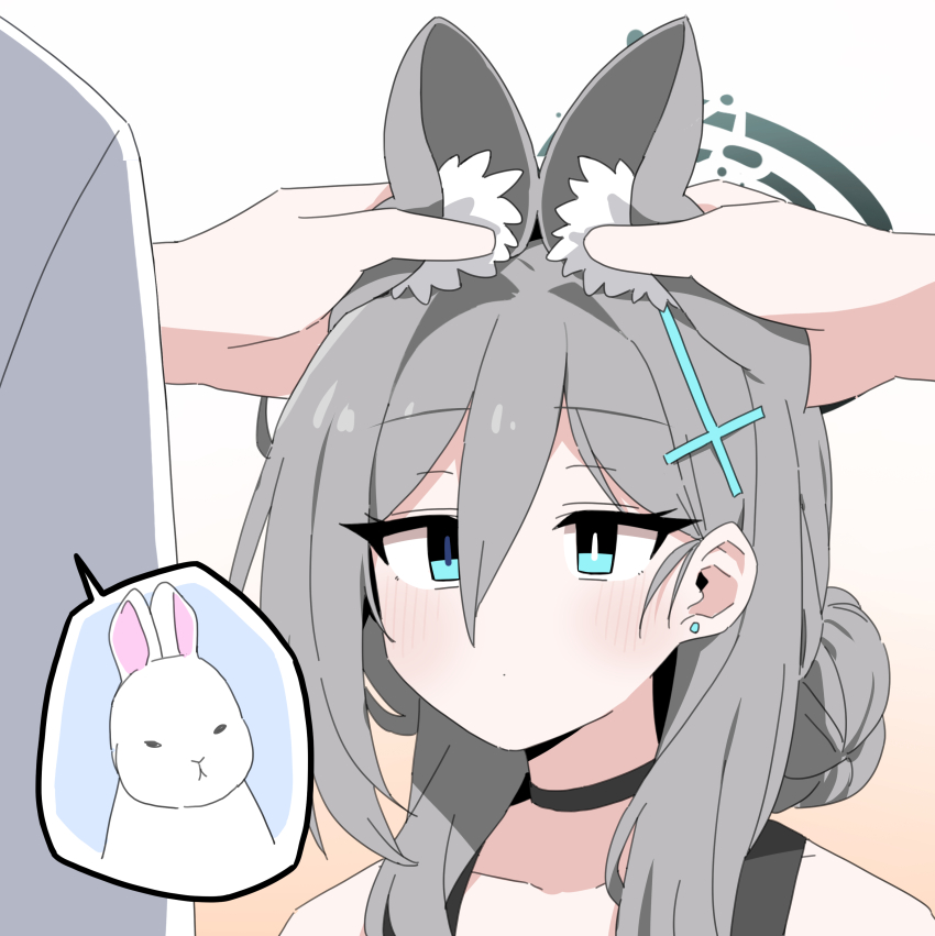 1boy 1girl absurdres animal_ear_fluff animal_ears b.t._(boob_tong) blue_archive blue_eyes blush broken_halo cross cross_hair_ornament dark_halo extra_ears folded_ear grey_hair hair_ornament halo highres inverted_cross long_hair medium_hair mismatched_pupils rabbit sensei_(blue_archive) shiroko_(blue_archive) shiroko_terror_(blue_archive) solo_focus wolf_ears