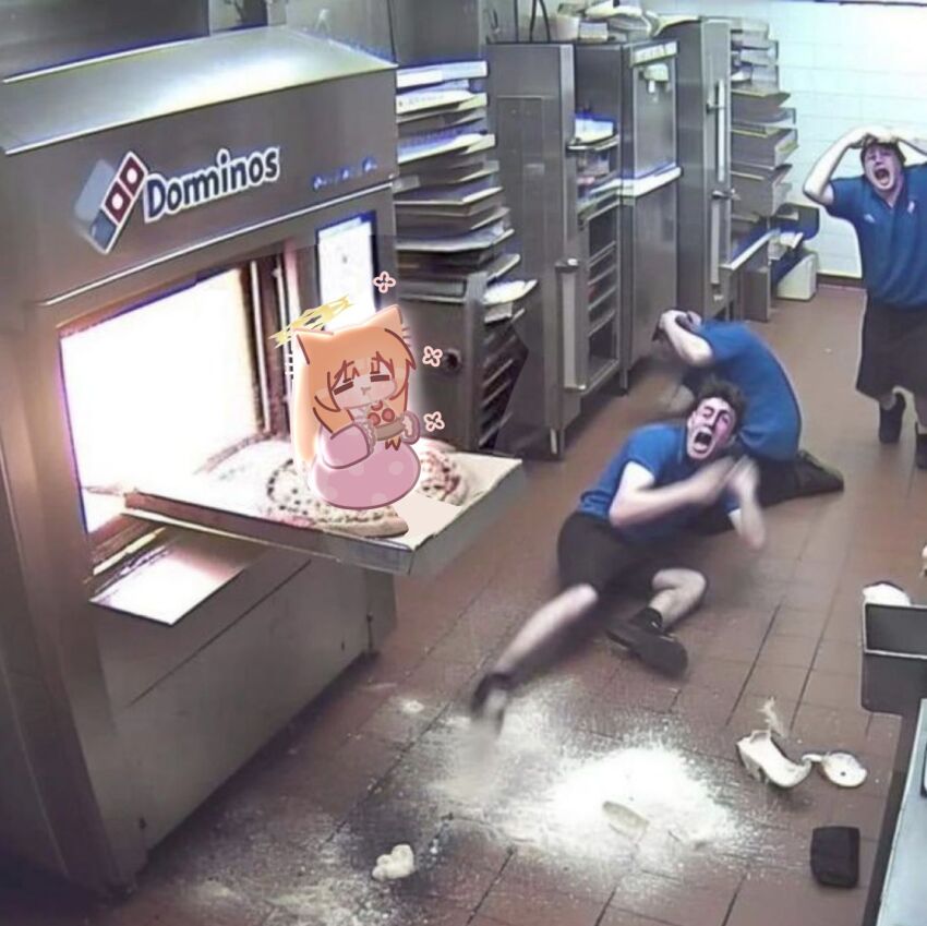 1girl 3boys :t ai-generated_art_(topic) animal_ear_fluff animal_ears black_footwear black_shorts black_socks blue_archive blue_shirt blush cat_ears chibi closed_eyes closed_mouth commentary_request domino&#039;s_pizza domino&#039;s_pizza_ai_images_(meme) dress eating employee_uniform flour food halo highres holding holding_food horuhara indoors korean_commentary long_hair long_sleeves mari_(blue_archive) meme multiple_boys open_mouth orange_hair pajamas pink_dress pink_pajamas pizza pizza_slice polka_dot polka_dot_dress polka_dot_pajamas shirt shoe_soles shoes shorts sleeves_past_wrists socks solo_focus tile_floor tile_wall tiles very_long_hair wavy_mouth