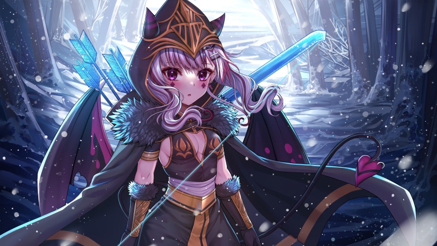 1girl :o absurdres arms_at_sides arrow_(projectile) ashe_(league_of_legends) ashe_(league_of_legends)_(cosplay) black_shirt black_skirt bow_(weapon) breasts cape cleavage cosplay demon_girl demon_tail demon_wings detached_sleeves fur-trimmed_cape fur_trim grey_hair gu_li hair_ornament hairclip heart heart_hair_ornament highres holding holding_bow_(weapon) holding_weapon hood hood_up horns ice kurona_(vtuber) league_of_legends long_hair outdoors purple_eyes quiver shirt skirt small_breasts smile snow solo standing tail tattoo virtual_youtuber weapon wings
