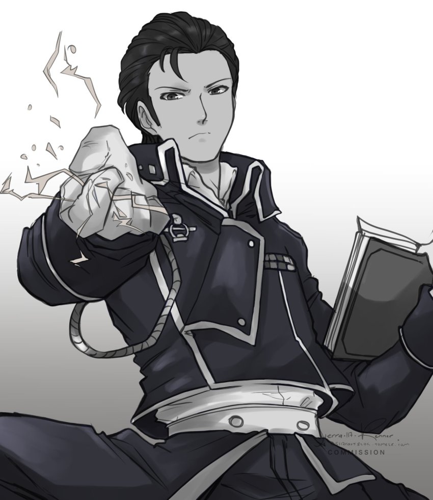 1boy alternate_costume artist_name book closed_mouth collar commission commissioner_upload cosplay electricity fire_emblem fire_emblem:_thracia_776 fire_emblem_heroes fullmetal_alchemist gloves greyscale highres looking_at_viewer military military_uniform monochrome nintendo reinhardt_(fire_emblem) roy_mustang roy_mustang_(cosplay) sierra117renner simple_background solo watermark
