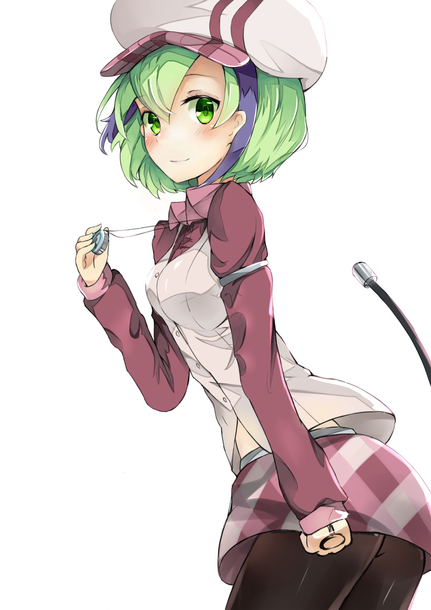 1girl android arm_at_side blush bob_cut breasts cable closed_mouth commentary_request dimension_w female_focus from_side green_eyes green_hair hair_between_eyes hand_up highres holding long_sleeves looking_at_viewer looking_to_the_side multicolored_hair nagiha_kuten pantyhose short_hair simple_background smile solo streaked_hair tail_raised twisted_torso two-tone_hair white_background white_headwear wing_collar yurizaki_mira