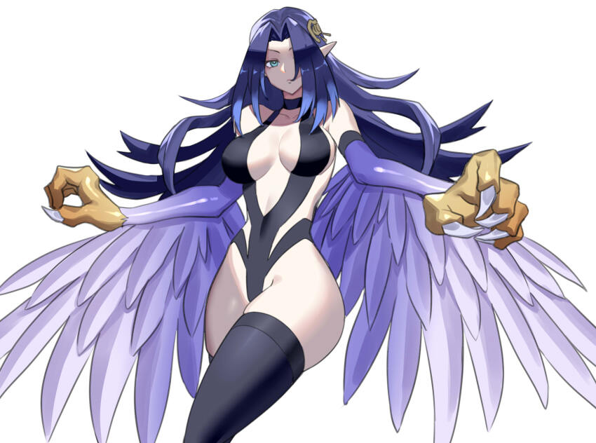 1girl bare_shoulders black_one-piece_swimsuit black_thighhighs blue_eyes blue_hair breasts claws collarbone cowboy_shot duel_monster hair_over_one_eye harpie_regina highres large_breasts long_hair one-piece_swimsuit pointy_ears skindentation solo swimsuit talons thighhighs ukimukai winged_arms wings yu-gi-oh! yu-gi-oh!_rush_duel