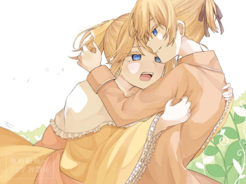 aku_no_musume_(vocaloid) allen_avadonia anniversary blonde_hair blue_eyes bow brother_and_sister brown_ribbon chii1113 clothes_grab coat collared_coat collared_jacket colored_eyelashes crying crying_with_eyes_open dress dress_ribbon evillious_nendaiki eye_contact frilled_dress frilled_sleeves frills garden hair_bow hair_ribbon high_ponytail highres jacket kagamine_len kagamine_rin leaning_on_person long_sleeves looking_at_another off-shoulder_dress off_shoulder open_mouth orange_coat orange_jacket orange_ribbon pale_skin parted_lips ponytail ribbon riliane_lucifen_d&#039;autriche short_ponytail siblings sidelocks smile swept_bangs tearing_up tears twins updo upper_body vocaloid wide_sleeves yellow_bow yellow_dress