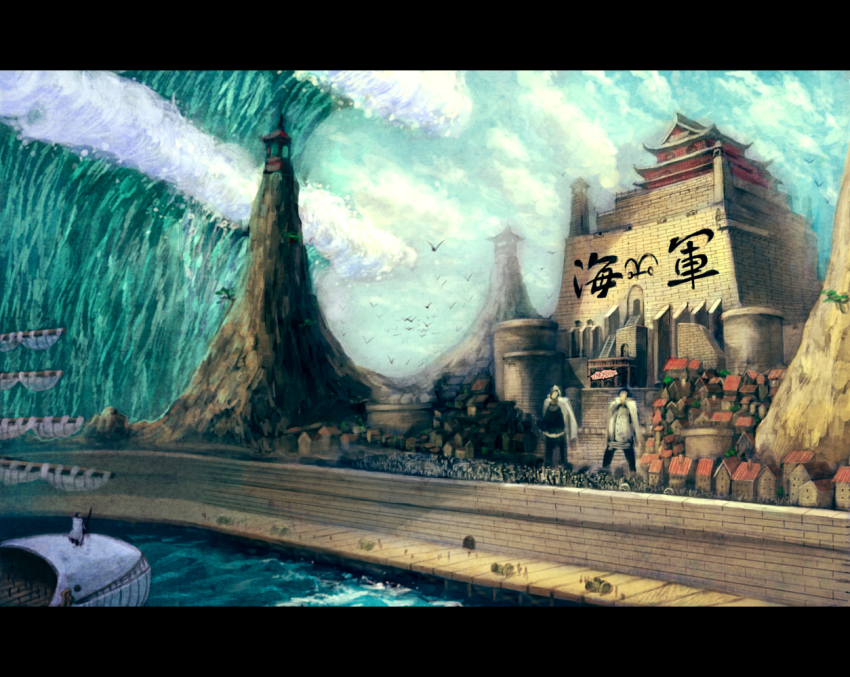 3boys abe_(jump) army bird edward_newgate epic fortress john_giant letterboxed male_focus marine_(one_piece) marine_ford marineford moby_dick_(one_piece) multiple_boys ocean one_piece scenery ship sky war watercraft waves whale whitebeard