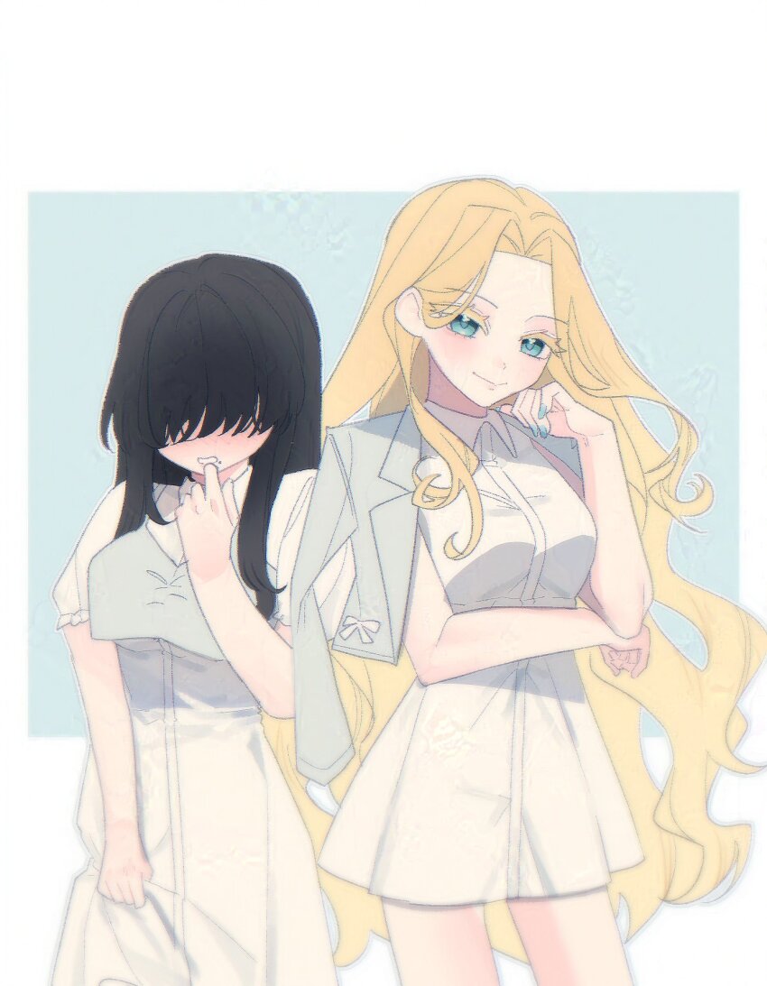 2girls black_hair blonde_hair blue_background blue_eyes blue_jacket blue_nails blue_outline blue_shirt blush breasts casual chi_kan100 closed_mouth collared_dress colored_eyelashes covered_eyes cowboy_shot curled_fingers curly_hair curtained_hair dress elbow_on_arm facing_viewer frilled_sleeves frills hair_over_eyes hand_on_own_cheek hand_on_own_chin hand_on_own_face highres jacket jacket_bow jacket_on_shoulders kakure_meme kimi_no_koto_ga_dai_dai_dai_dai_daisuki_na_100-nin_no_kanojo large_breasts long_bangs long_hair looking_at_viewer mole mole_under_mouth multiple_girls nail_polish open_mouth outline parted_bangs peanut_mouth shirt shirt_over_dress short_dress short_sleeves sidelocks skirt_hold sleeveless sleeveless_dress smile spaghetti_strap utsukushisugi_mimimi very_long_hair white_background white_dress white_outline