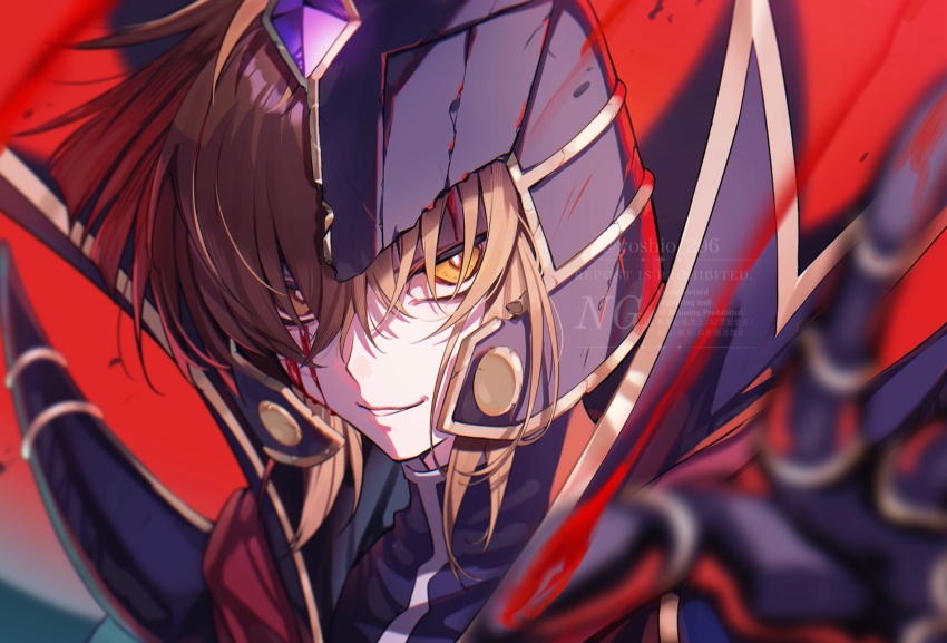 1boy armor black_armor black_helmet blood broken_helmet close-up helmet highres male_focus red_background simple_background solo supreme_king_(yu-gi-oh!_gx) watermark yellow_eyes yoshio_296 yu-gi-oh! yu-gi-oh!_gx yuki_judai