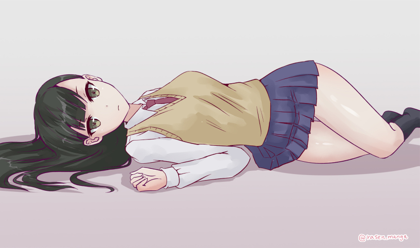 1girl android black_hair blue_skirt brown_eyes commentary_request expressionless gradient_background highres long_hair looking_at_viewer lying necktie on_side rasen_manga sasa_kazamori shirt signature simple_background skirt socks solo un-go vest white_shirt