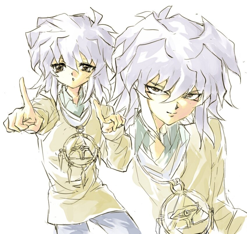 2boys bakura_ryou brown_eyes cardigan closed_mouth collared_shirt green_shirt hair_between_eyes hair_wings highres index_finger_raised inferno_030 long_bangs looking_at_viewer male_focus millennium_ring multiple_boys open_mouth shirt simple_background sketch smile upper_body white_background white_hair yami_bakura yellow_cardigan yu-gi-oh! yu-gi-oh!_duel_monsters