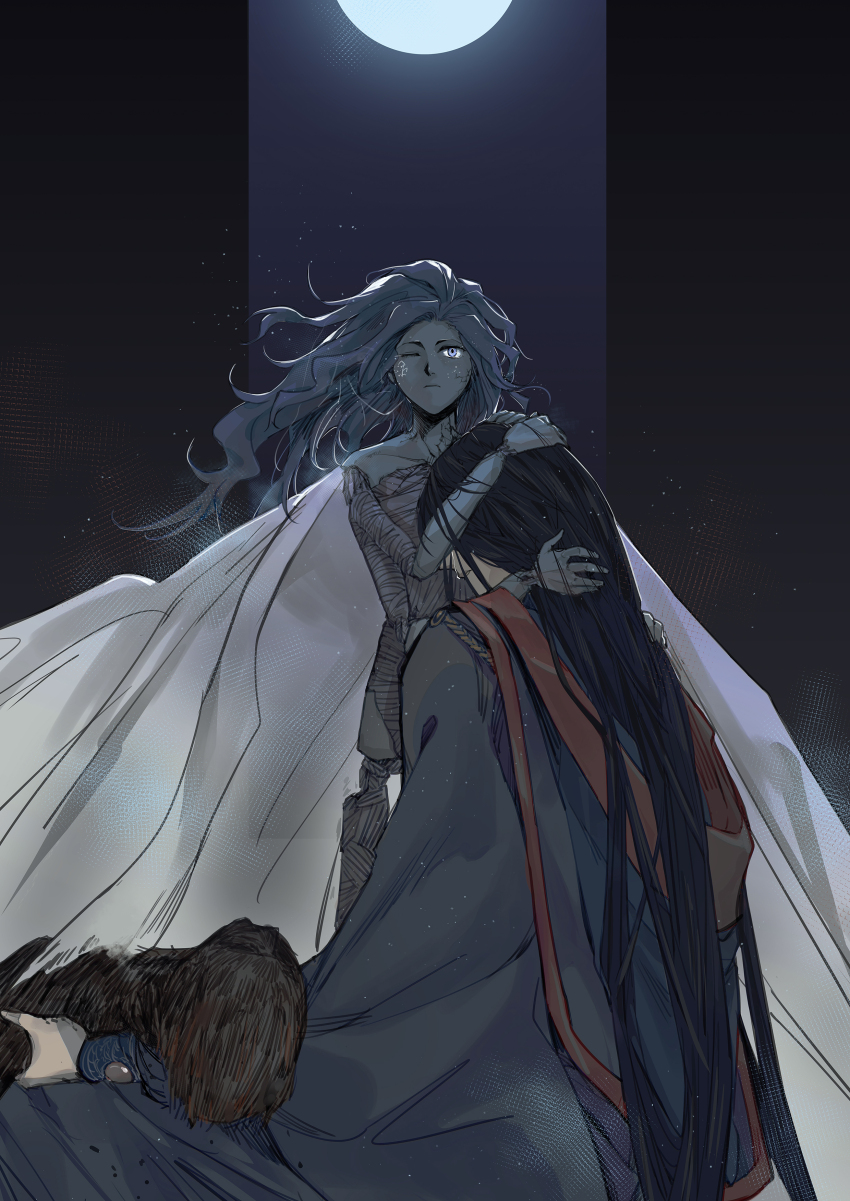 2girls absurdres alpha.e black_hair blue_eyes blue_hair blue_robe cape closed_mouth colored_skin commentary_request cracked_skin doll_joints elden_ring extra_arms facial_tattoo floating_hair glowing_tattoo grey_skin highres hug joints long_hair moon mother_and_daughter multiple_girls one_eye_closed ranni_the_witch rennala_queen_of_the_full_moon robe tattoo tears very_long_hair wavy_hair white_cape wide_sleeves