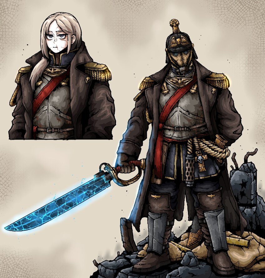 1girl astra_militarum boots breathing_nozzle brown_hair coat combat_helmet death_korps_of_krieg gas_mask gloves grey_eyes helmet highres holding holding_sword holding_weapon imperium_of_man looking_at_viewer mask military military_coat military_uniform octosoup outdoors power_sword scar scar_on_face scar_on_mouth soldier solo sword warhammer_40k weapon