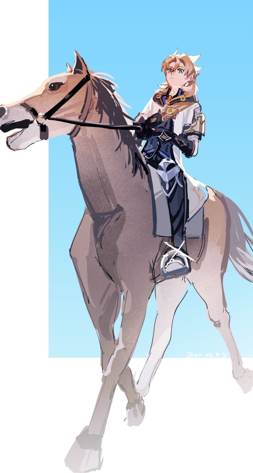 1boy absurdres albedo_(genshin_impact) animal black_gloves blonde_hair from_below full_body genshin_impact gloves green_eyes highres horse horseback_riding male_focus riding saddle saddle_blanket saddle_shoes scor_lu shoes short_hair solo