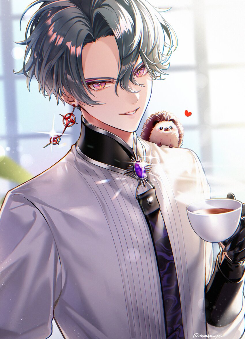 1boy absurdres black_gloves blue_hair coffee commentary cup curtained_hair doremin_(freodore)_(nijisanji) earrings freodore_(nijisanji) gem gloves heart hedgehog highres holding holding_cup jewelry male_focus masyu_yuyu nijisanji nijisanji_en on_shoulder parted_hair piercing pink_eyes purple_gemstone shirt short_sleeves single_earring smile solo sparkle standing steam teeth upper_body virtual_youtuber white_shirt window