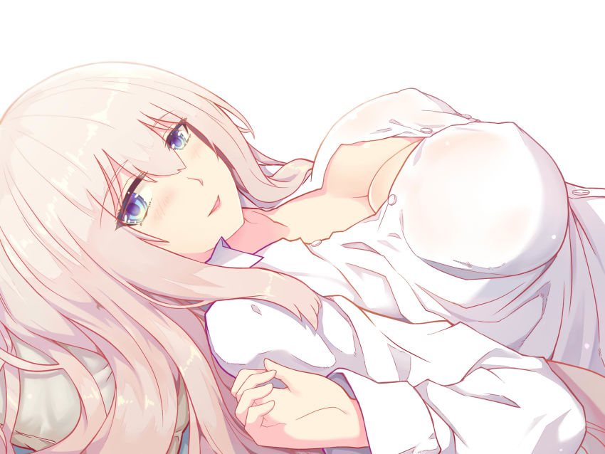 1girl blue_eyes breasts collarbone female_focus grey_hair hair_between_eyes highres large_breasts lexington_(warship_girls_r) long_hair long_sleeves looking_at_viewer lying on_back open_mouth partially_unbuttoned shirt sidelocks solo upper_body warship_girls_r white_shirt xiao_shei..