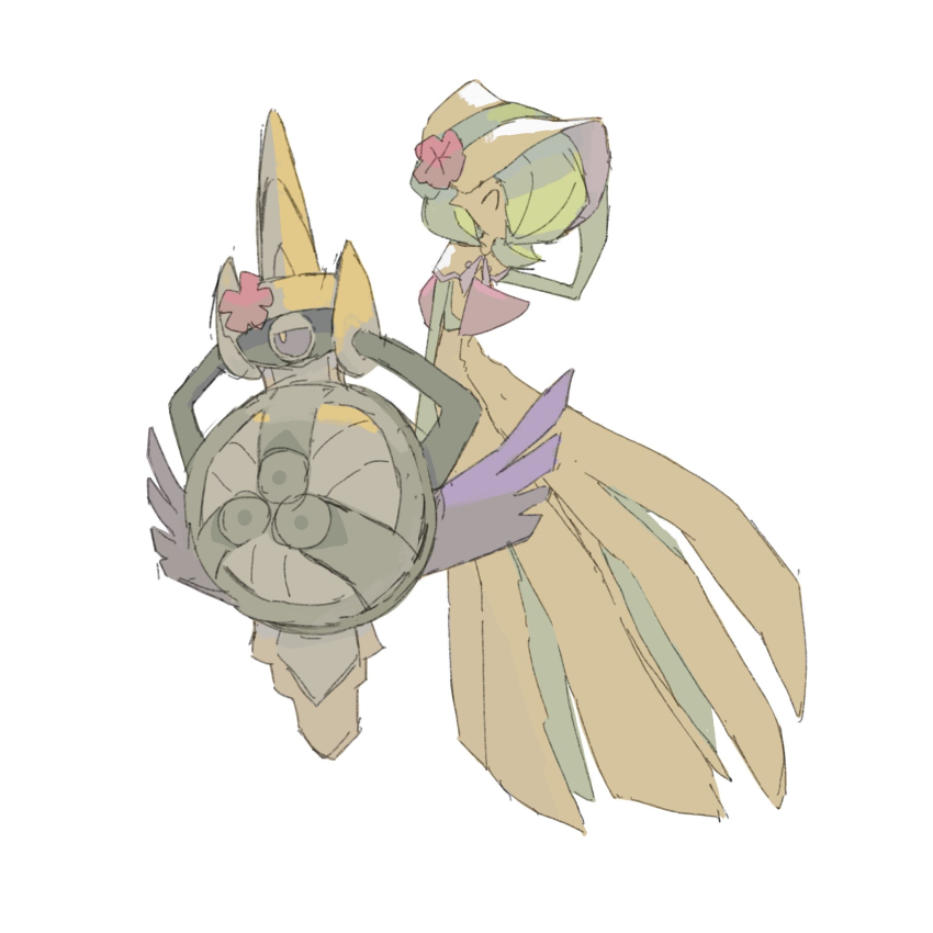 1girl ^_^ adjusting_clothes adjusting_headwear aegislash arm_at_side arm_up black_sclera bob_cut bonnet capelet closed_eyes colored_sclera colored_skin flat_chest floating flower full_body gardevoir gardevoir_(fashionable) gen_3_pokemon gen_6_pokemon green_hair green_skin hair_over_one_eye half-closed_eyes happy hat hat_flower highres jitome looking_to_the_side multicolored_skin napopo nintendo no_mouth one-eyed one_eye_covered pokemon pokemon_(creature) pokemon_unite purple_eyes red_flower shield short_hair simple_background sketch standing sword two-tone_skin weapon white_background white_bonnet white_capelet white_skin