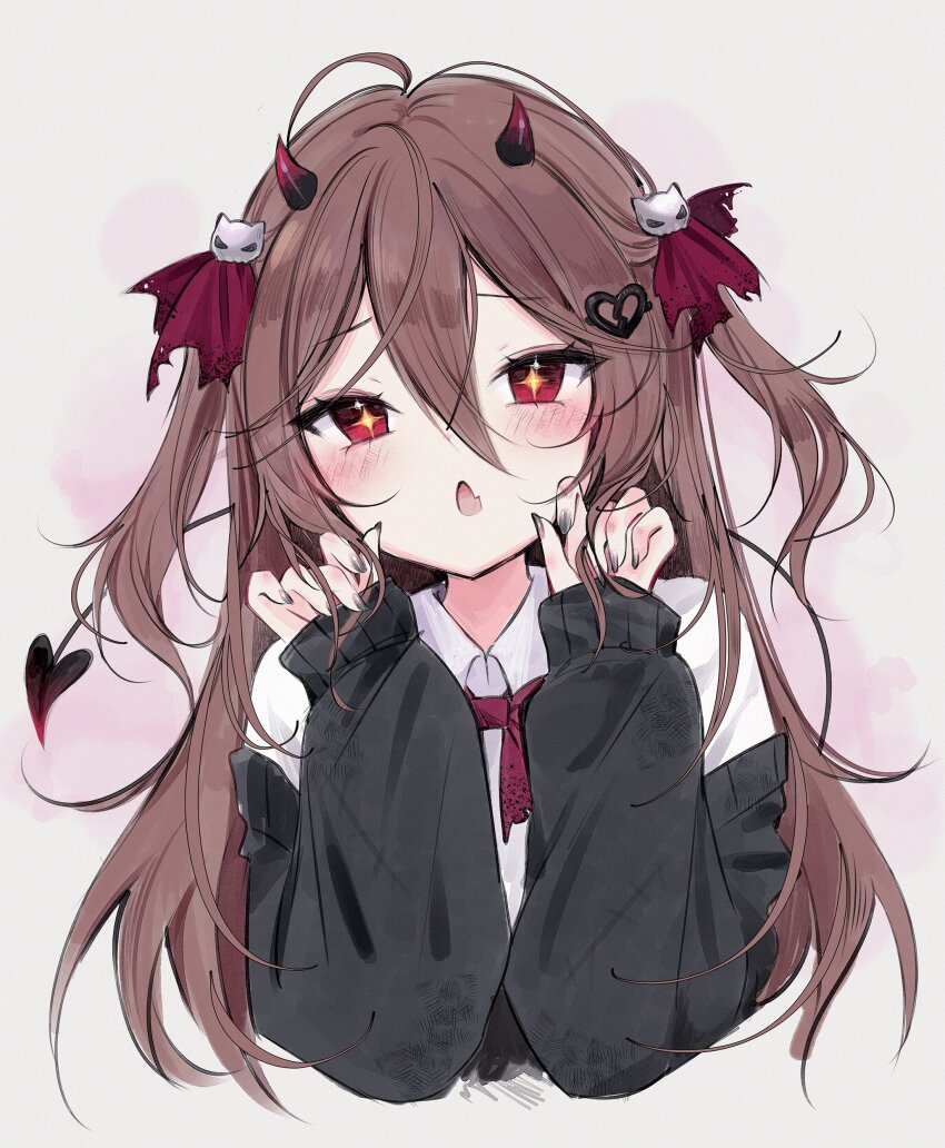 1girl absurdres ahoge anyuu black_cardigan black_nails blush bow bowtie broken_heart_hair_ornament brown_hair cardigan collared_shirt commentary cropped_torso demon_horns demon_tail evil_neuro-sama fang hair_between_eyes hair_ornament hair_ribbon hands_up highres horns indie_virtual_youtuber long_hair long_sleeves looking_at_viewer neuro-sama off_shoulder open_mouth playing_with_own_hair red_bow red_bowtie red_eyes red_ribbon ribbon shirt skin_fang skull_hair_ornament sleeves_past_wrists solo star-shaped_pupils star_(symbol) star_in_eye straight-on symbol-only_commentary symbol-shaped_pupils symbol_in_eye tail torn_hair_ribbon torn_ribbon two_side_up upper_body vedal_ai virtual_youtuber white_shirt