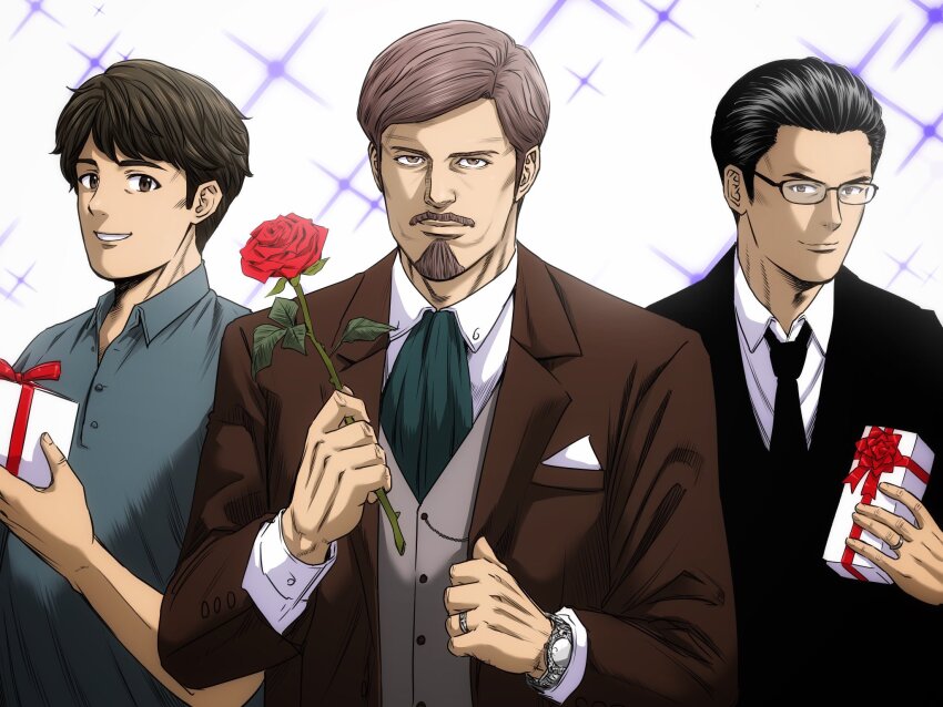 3boys beard black_hair black_necktie black_suit blue_shirt box breast_pocket brown_eyes brown_hair brown_suit closed_mouth collared_shirt commentary english_commentary facial_hair flower formal_clothes gift gift_box glasses grin hakozaki_serika&#039;s_father highres holding holding_flower holding_gift idolmaster idolmaster_million_live! jewelry kasuga_mirai&#039;s_father_(idolmaster) long_sleeves looking_at_viewer male_focus matcha_kingyo mogami_shizuka&#039;s_father_(idolmaster) multiple_boys mustache necktie pocket red_flower red_rose ring rose sanpaku shirt short_hair short_sleeves smile suit upper_body watch white_background white_day wristwatch