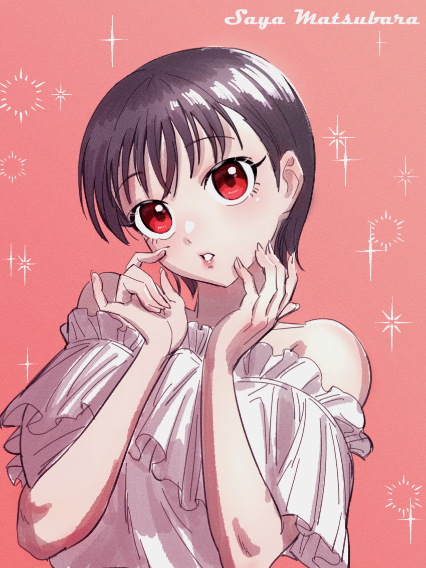 1girl :o alternate_costume black_hair character_name dress hands_up head_tilt highres hobgoblin-kim idolmaster idolmaster_cinderella_girls lipgloss looking_at_viewer matsubara_saya off-shoulder_dress off_shoulder red_eyes short_hair simple_background solo sparkle_print upper_body white_dress