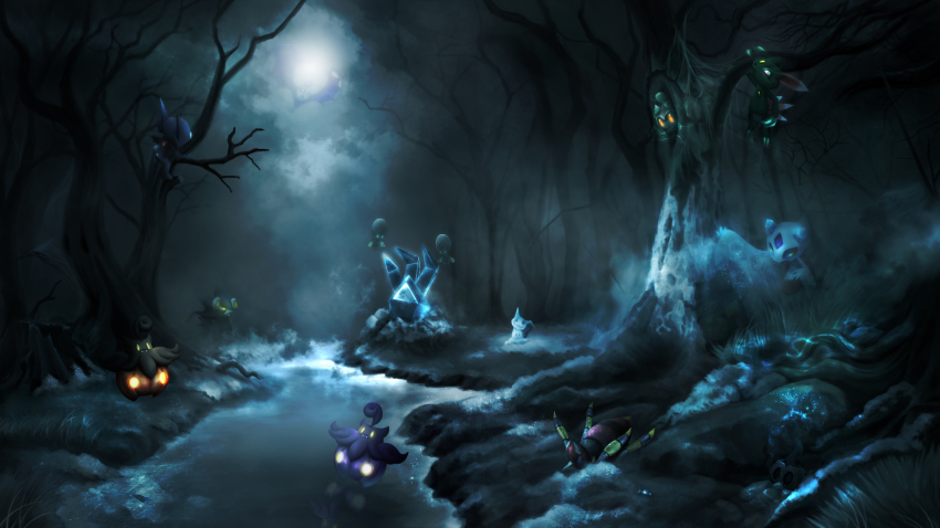 alternate_color ariados bare_tree commentary elgyem english_commentary fog forest froslass frozen gen_1_pokemon gen_2_pokemon gen_3_pokemon gen_4_pokemon gen_5_pokemon gen_6_pokemon gen_7_pokemon ghost glowing glowing_eyes halloween highres ice j7663701 legendary_pokemon lunala luxray marshadow marshadow_(gloom) mimikyu moon moonlight mythical_pokemon nature necrozma necrozma_(normal) night nintendo pikachu pokemon pokemon_(creature) pond pumpkaboo sableye shiny_pokemon sneasel tree
