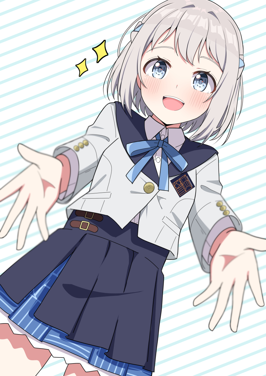 1girl absurdres blue_eyes blue_ribbon blue_skirt blush braid commentary_request cropped_jacket diagonal-striped_background dutch_angle gakuen_idolmaster grey_hair hair_ribbon hatsuboshi_gakuen_school_uniform highres hosinonana idolmaster jacket katsuragi_lilja looking_at_viewer neck_ribbon open_mouth overskirt pleated_skirt ribbon school_uniform shirt short_hair skirt smile solo sparkle striped_background white_jacket white_shirt