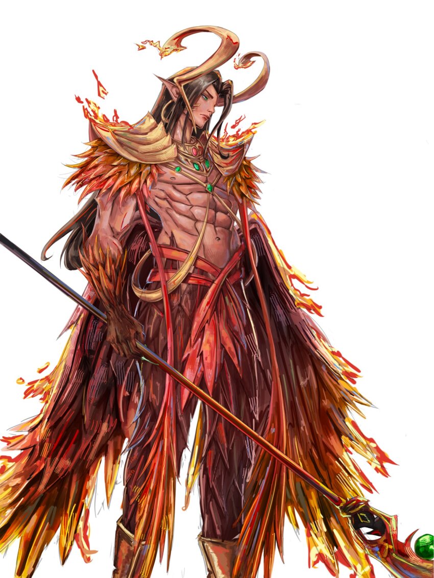 1boy abs androgynous armor bird_boy black_hair brown_feathers commentary earrings feathers fire french_commentary gem gold_earrings green_eyes green_gemstone highres holding holding_polearm holding_weapon hoop_earrings horns jewelry loki_(marvel) long_hair male_focus marvel marvel_rivals muscular muscular_male navel official_alternate_costume orange_feathers pauldrons pointy_ears polearm raskoman1 red_feathers red_gemstone shoulder_armor solo thor_(marvel)_(series) topless_male weapon white_background yellow_feathers