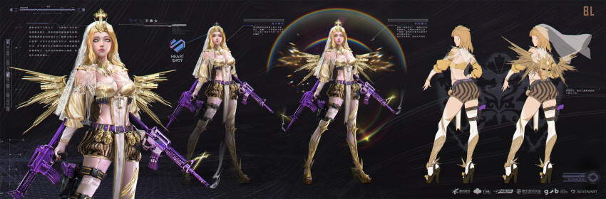 1girl absurdres angel_wings armor armored_boots assault_rifle belt belt_buckle bikini black_background black_belt black_shorts blonde_hair boots breasts buckle chinese_text circlet cleavage closed_mouth collar commentary criss-cross_halter detached_collar detached_sleeves dual_wielding english_commentary expressionless eyeshadow feathered_wings flat_color frilled_sleeves frills from_behind full_body gao_sheng glowing glowing_eyes gold_armor gold_necklace grey_eyes grey_eyeshadow gun halterneck height_chart highleg highleg_bikini highres holding holding_gun holding_weapon jewelry knee_boots knee_pads lace lace-trimmed_bikini lace-trimmed_thighhighs lace_trim large_breasts lipstick long_hair looking_at_viewer m4_carbine magazine_(weapon) makeup midriff necklace original parted_bangs pink_lips puffy_short_sleeves puffy_shorts puffy_sleeves purple_belt rainbow realistic reference_sheet ribbed_thighhighs rifle short_sleeves shorts solo standing striped_belt swimsuit tabard thick_eyebrows thigh_belt thigh_strap thighhighs translation_request vest weapon white_collar white_eyes white_tabard white_thighhighs white_vest wings yellow_bikini yellow_boots yellow_sleeves yellow_wings