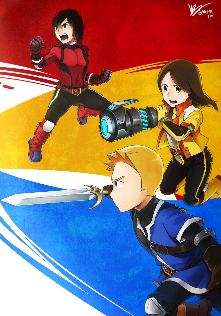 1boy 1girl 2boys absurdres animification arm_cannon belt black_hair blonde_hair blue_eyes boots brown_eyes brown_hair determined fighting gloves highres holding holding_weapon jacket jumpsuit mii_(nintendo) mii_brawler_(smash_ultimate) mii_gunner_(smash_ultimate) mii_swordfighter_(smash_ultimate) multiple_boys nintendo open_mouth pants screaming short_hair super_smash_bros. sword vandyke_brown weapon