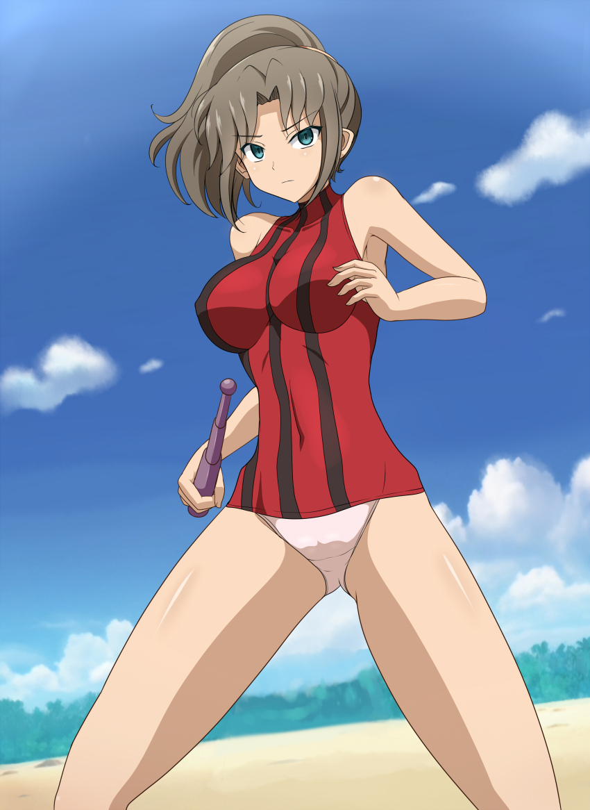 1girl absurdres aika_(series) aika_r-16 bare_shoulders blue_eyes blue_sky breasts brown_hair clam_curry closed_mouth collarbone covered_erect_nipples covered_navel crotch_seam dress gluteal_fold highres holding holding_weapon long_hair medium_breasts outdoors panties ponytail red_dress sand sky standing thighs underwear weapon white_panties