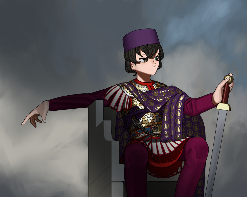 1girl armor black_hair byzantine_empire caesar_(girls_und_panzer) chair girls_und_panzer highres holding holding_sword holding_weapon on_chair planted planted_sword planted_weapon purple_headwear purple_shawl pzkpfwi scale_armor shawl sitting solo sword weapon